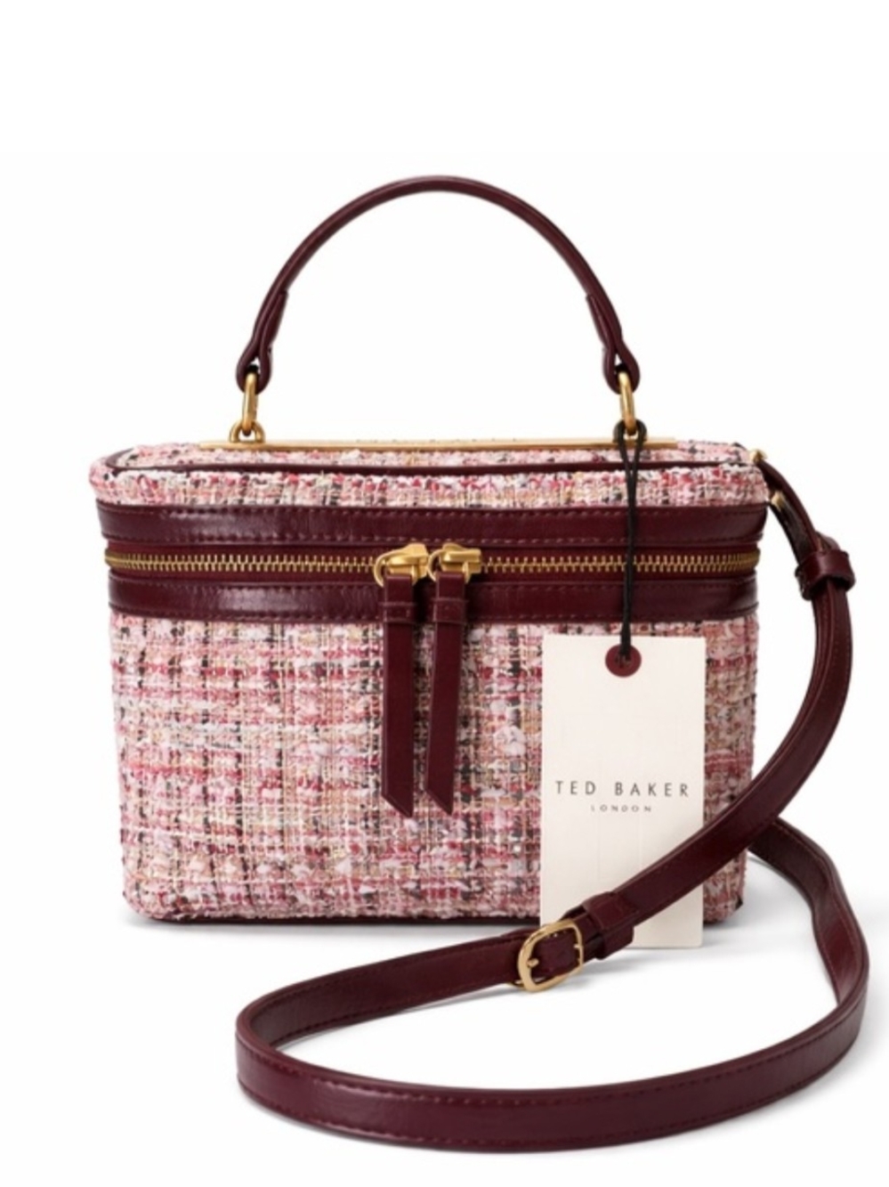 Ted Baker Pink Tweed Shoulder Bag with Deep Burgundy Trim